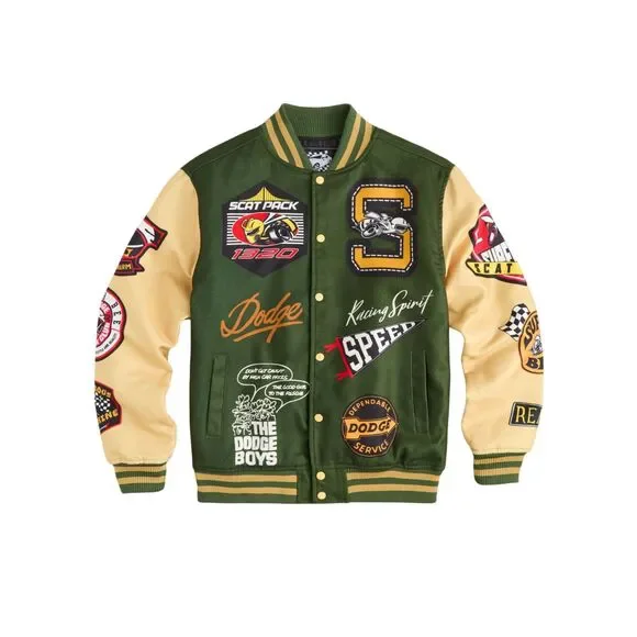 Reason x Dodge Scatpack Varsity Jacket Men Large Green Khaki Letterman Bomber - Picture 1 of 15